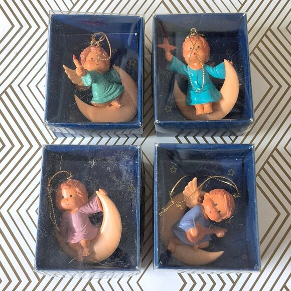 Vintage Moonbeams In Box Holiday Ornaments Lot of 4 Adorable Child Angel on Moon - Picture 3 of 5